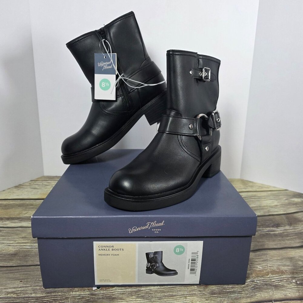 Universal Thread Womens Connor Black Ankle Biker Boots NIB With Buckle
